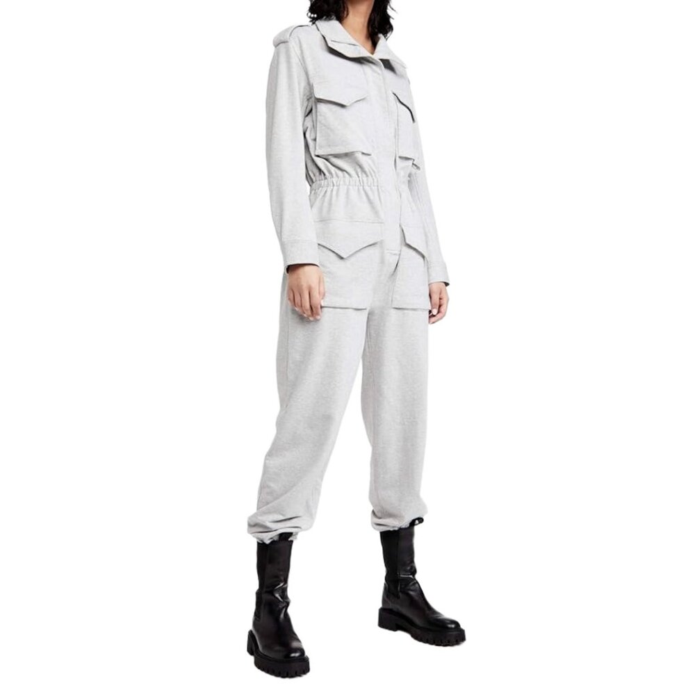 Norma Kamali Gray Cargo Long Sleeve Cotton Jumpsuit | Size Small